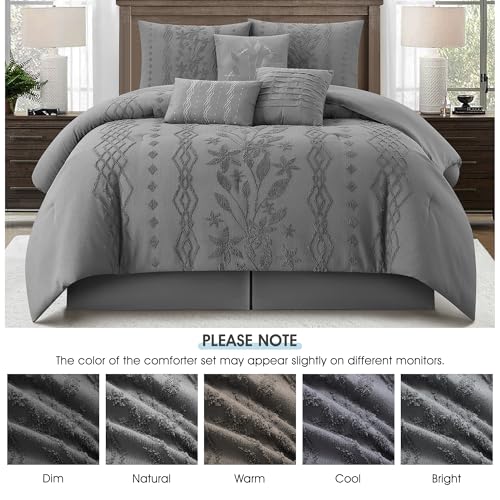 Image of LANCO MODERN LIFESTYLE Grey Comforter Set, Queen Size, 7 Pieces Jacquard Boho Bedding Set for All Seasons, Ultra Soft and Fluffy, Matching Pilllow Shams, Bedskirt and Decor Pillows