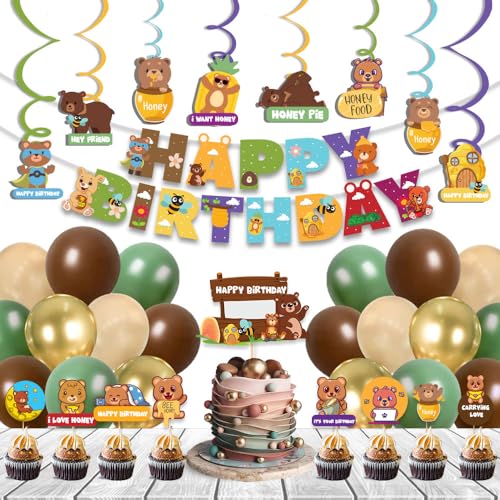 Image of Festiko Cardstock Set Of 51 Pcs Bear Theme Happy Birthday Combo (Banner, Swirls With Cutouts, Balloons, Cake & Cupcake Toppers), Bear Theme Birthday Decorations, Multicolor