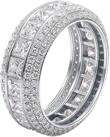 Drizzle Jewels 3.00Ct Princess Cut Lab Created Diamond Mens Full Eternity Wedding Ring 14K White Gold Finish 925 Sterling Silver (White 6.5)