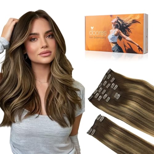 Image of DOORES Human Hair Extensions Clip in, Balayage Chocolate Brown to Caramel Blonde 150g 9pcs 14 Inch, Real Remy Natural Hair Extensions
