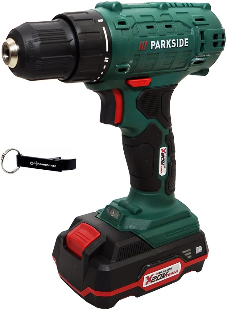 HEADNMORE® Bundle Parkside PBSA 20 - Taladro atornillador (batería de 20 V, incluye batería de 2 Ah, incluye llavero HEADNMORE)