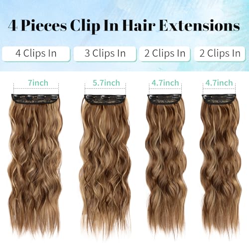 Image of KooKaStyle Clip in Synthetic Hair Extensions Long Wavy 4PCS Honey Blonde Mixed Light Fiber Double Weft Natural Hair Extensions 20 Inch for Women