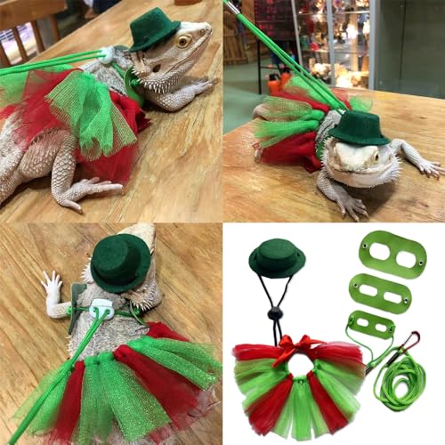 Image of Bearded Dragon Lizard Leash Harness Adjustable(S,M,L, 3 Pack) Bearded Dragon Costume and Hat Lizard Layered Rainbow Tutu Skirt Hat Set for Amphibians and Other Small Pet Animals (Green Set)
