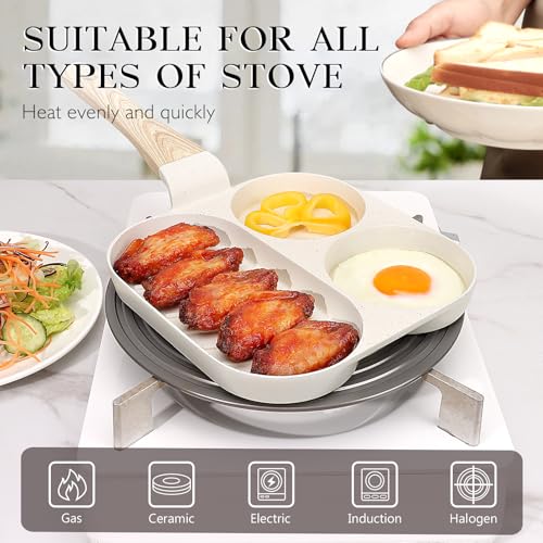 Image of GiPP Ceramic Non Stick Egg Pan, 3-In-1 Divided Breakfast Omelette Frying Pan, 7.9 inch with Heat-Resistant Handle, Compatible with All Stove Tops, PFOA /POFS /PTFE Free, White