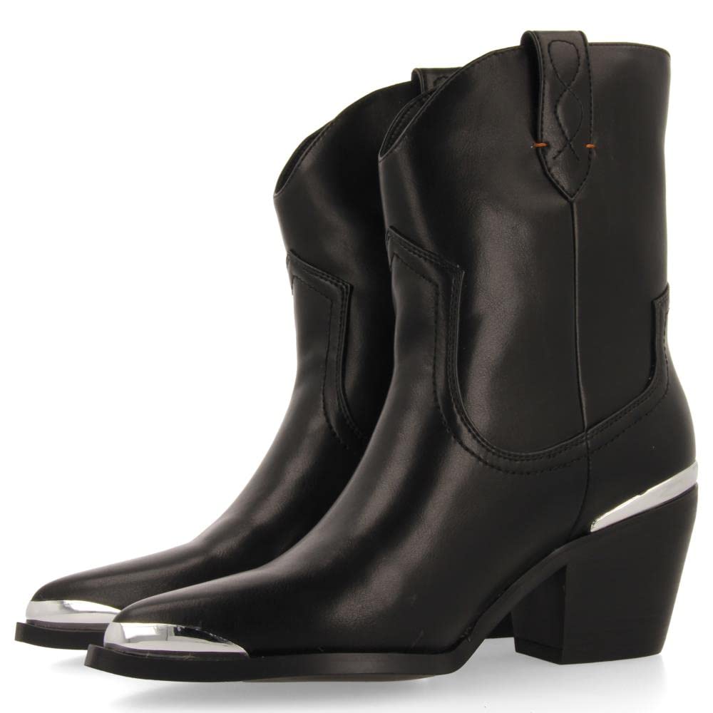 GIOSEPPO Roslyn Women's Black Cowboy Style Ankle Boot with Metal Detail in Toe and Heel, Black/White, 4 UK