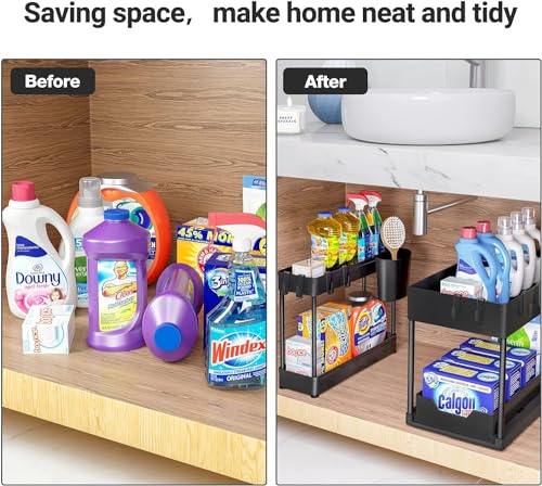 منظم سلة منزلقة تحت الخزانة، منظم تخزين من طبقتين تحت الخزانة والحمام وتحت الحوض، رف تخزين اسود متعدد الاغراض للمطبخ والحمام والمكتب