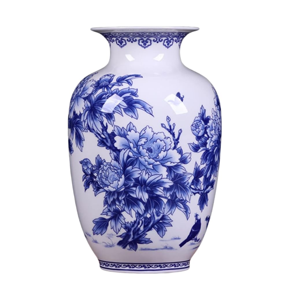 asdchZen Vase Blue And White Porcelain Vases Ceramic Jingdezhen Blue And White Porcelain Vases Fine Bone China Vase Peony Decorated Ceramic Vase Vase Decorative Vase,One Color-B:High 22 cm