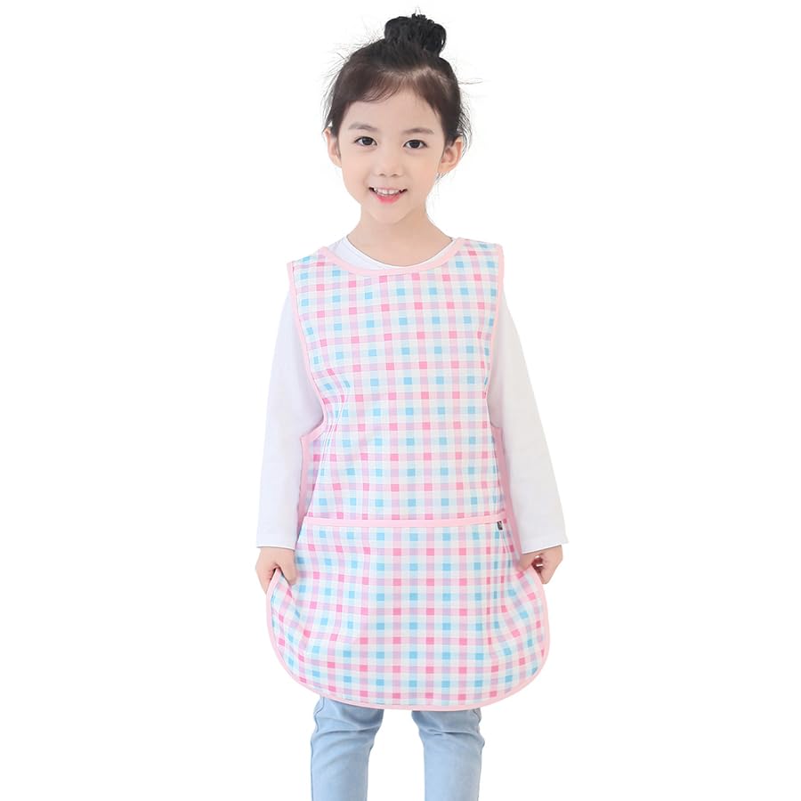 Kids Waterproof Art Tabard | Sleeveless Messy Play Painting Smock for Toddlers | Size S–XL | Kids Artist Apron for School, Daycare, Crafts, Pink Check (15-M) — image 1