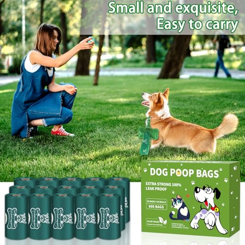 JEDWKFA 600 Stück/24 Rollen Hundekotbeutel, Auslaufsichere und extra dicke Kackbeutel für Hunde, mit Spender, Taschen für Hunde, Geeignet für den Außenbereich, Hundekotbeutel mit duft, tragbar, Grün