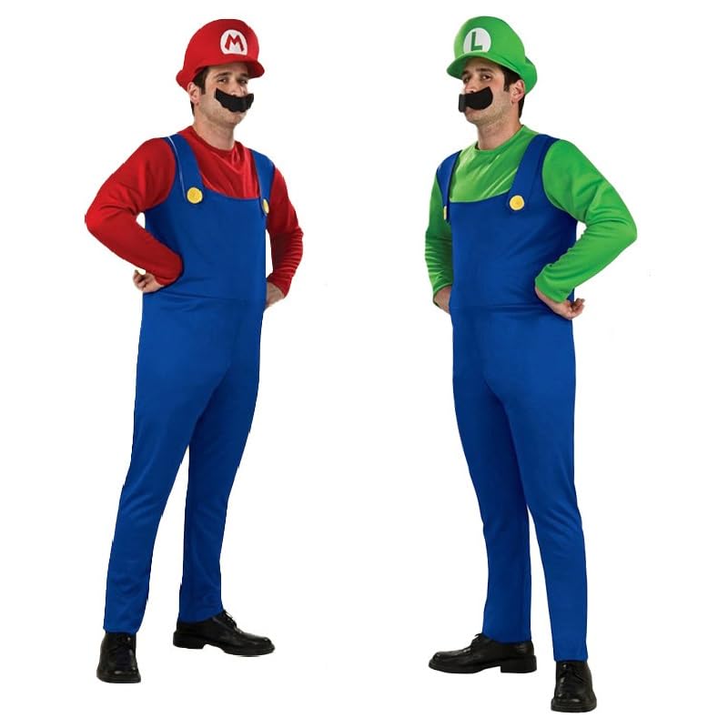 Super Brothers Costume for Mens Halloween Cosplay Mario Costume Adult Cartoon Outfits with Caps and Beard Accessory Green 180