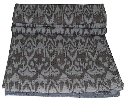 YUVANCRAFTS Indian Traditional Kantha Quilt Handmade Pure Cotton Ikat Printed Kantha Quilt Queen Blanket Bedspreads Throw