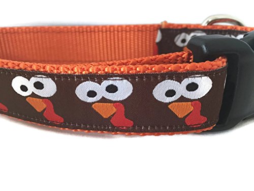 Thanksgiving Dog Collar, Caninedesign, Autumn, Fall, Turkey, 1 inch Wide, Adjustable, Nylon, Medium Large (Turkey Faces, Medium 13-19')