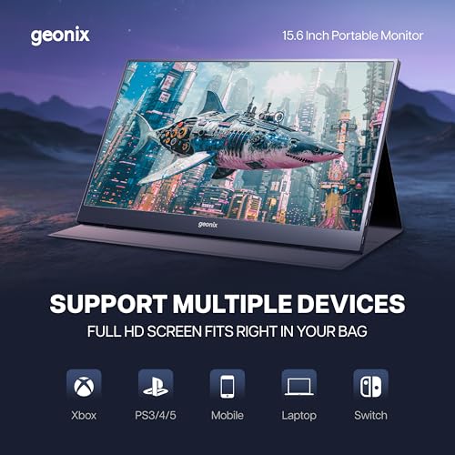 Image of GEONIX 15.6 inch Portable Monitor - Full HD 1080p IPS, 100% sRGB, Ultra Slim, USB-C & HDMI, Dual Speakers, Kickstand - Compatible with Laptop, Phone, PS5 /Xbox - 1 Year Warranty (Black)