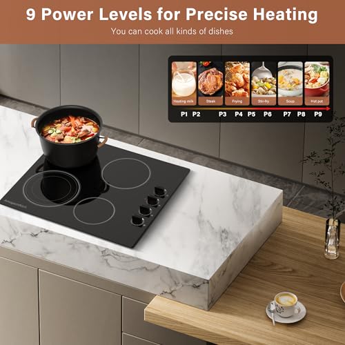Image of 24 inch Built-In 4 Burner Electric Cooktop, Dual-Ring Burners, 6700W Radiant Stove Top with Knob Control, Residual Heat Indicator & Auto Shut Off, 220-240v Hardwire(No Plug)