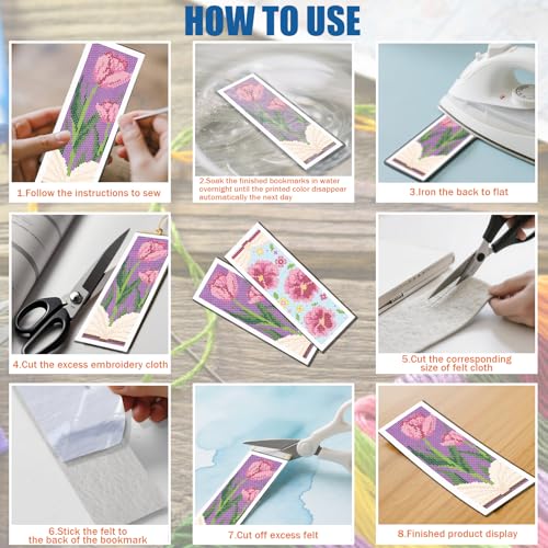 Image of FREEBLOSS 6 Set Cross Stitch Bookmark Kit 11 CT Complete Cross Stitch Kit DIY Embroidery Bookmark Kits for Adult Beginners with Instructions, Flowers and Books, 8 inch x 2.4 inch