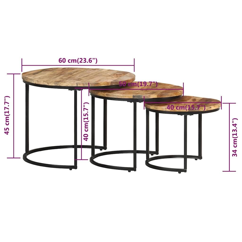 Set di 3 tavolini rotondi in legno di mango grezzo