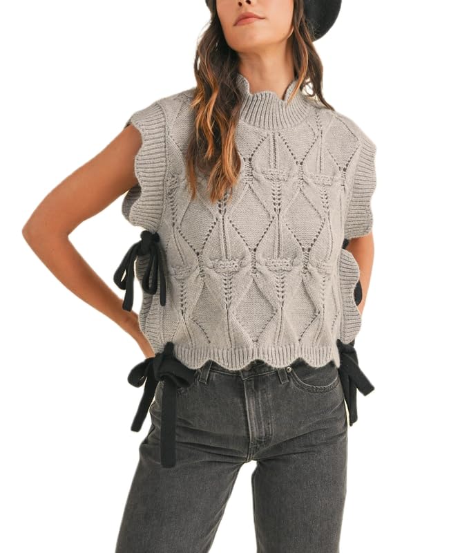 NUFIWI Womens Y2K Ribbon Bow Sweater Vest Chunky Cap Sleeve Knit Vest with Bows Casual Lace Up Bandage Crochet Knit Tank