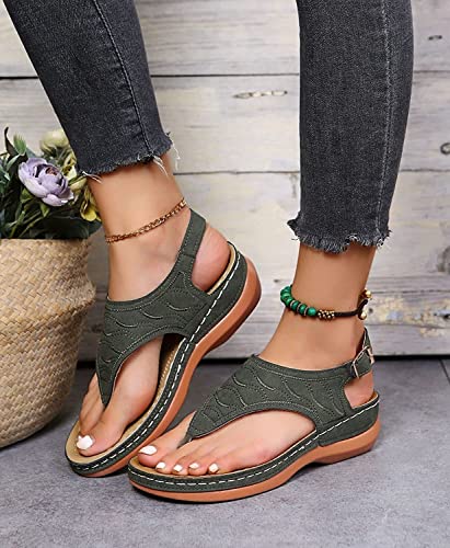 Dimleen Orthopedic Sandals, Womens Comfortable Platform Shoes Elastic Ankle Sandals for Women Casual Summer Wedge Flip Flops (Color : ArmyGreen, Size : 9/40)2