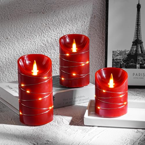 Image of Rechargeable LED Candles, Real Wax, 4 5 6 in,Red, 3 Pack | USB Rechargeable Real Wax Candles with Remote, Timer and Star Lights