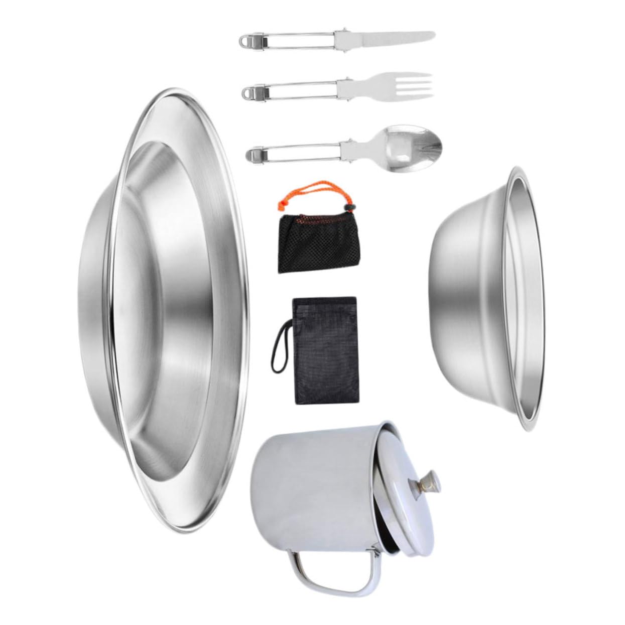 ARTSEWPLY Stainless Steel Cookware for Outdoor Activities Portable Picnic and Hiking Cookware Handle Tableware Cups and Pots for Camping Silver