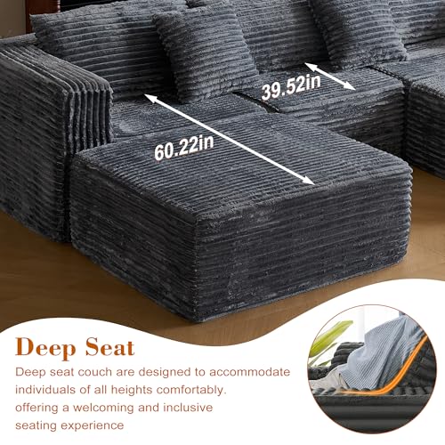 Image of 110 Corduroy Modular Sectional Boneless Sofa with 2 Ottomans, Convertible Cloud Couch with Deep Seats, Fluffy Memory Foam U Shaped Couch for Living Room, No Assembly Required (Gray)