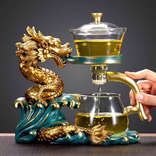 YoeEoay Teeservice Glas Teekanne Mit Magnet, Lazy Glasteeservice Teekannen-Set, Goldener Drachen Design Lazy Kungfu Glasteeservice Halbautomatisches Teeset, Geeignet Für Teeliebhaber