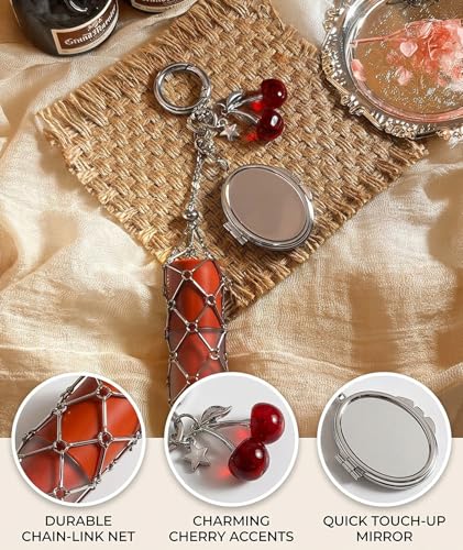 Image of Makeup Pouches, Lipstick Holder Keychain with Red Cherry Oval Mirror, Portable Makeup Organizer for Travel & Daily Use, Compact Lipstick Storage for Handbags, Y2K Bag Charms & Y2K Accessories