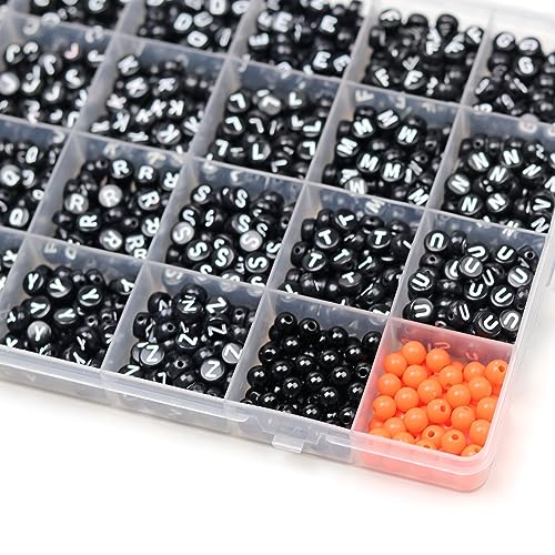 Image of Melius Acrylic Letter Beads, Black & Orange, 4x7mm Round, 1450 Pcs | 4x7mm, Alphabetical Flat Round Beads, 28 Grid Box, for Jewelry Making, DIY Friendship Bracelets, Necklaces, Key Chains
