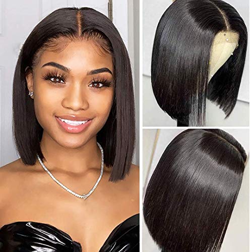 Simmel 10 Inch Short Bob Wigs Human Hair Lace Closure Wigs Brazilian Virgin Human Hair Straight Bob 4×4 Lace Front Wigs For Black Women Pre Plucked Natural Black 150% Density Human Hair Wigs