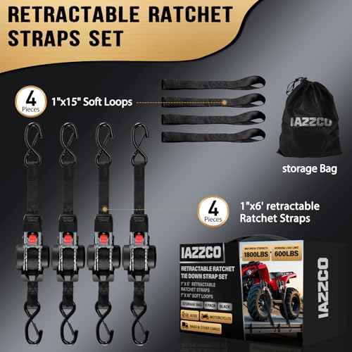 Image of 6FT Retractable Ratchet Straps(4-Pack) - 1 Inch (1800 LB Break Strength) Heavy Duty Self Retracting Ratchet Straps with Soft Loops & Storage Bag for Household, Motorcycle, Truck, ATV(Black)