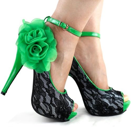 SHOW STORY Sexy Green Black Lace Peep Toe Flowers Stiletto High Heel Platform Shoes,LF30408GR40,9US,Green | Image 2
