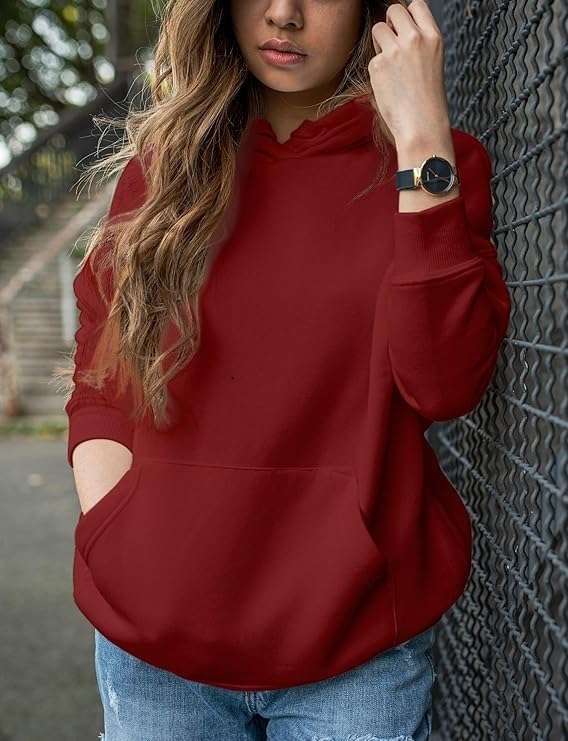 Image of Women's Black Fleece Hoodie Oversized Fit Soft Warm Winter Hooded Sweatshirt with Kangaroo Pocket