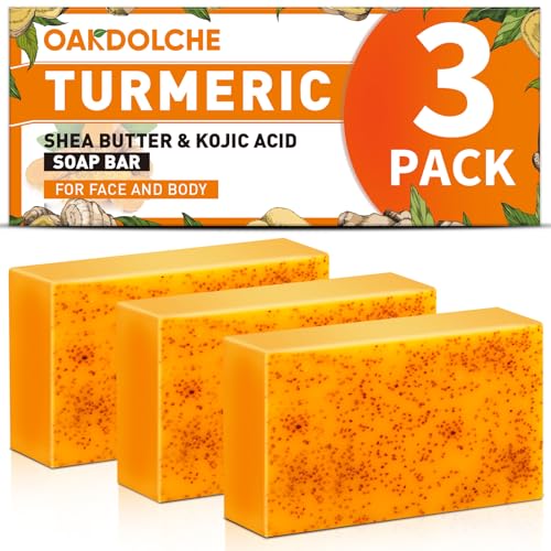 OAKDOLCHE 3 Pack Turmeric Kojic Acid Soap Bars - Infused with Retinol Hydrolyzed Collagen Vitamin E & Shea Butter Gentle Care for Face Body & Underarms SLS Free Suitable for Oily & Dry Skin 60g