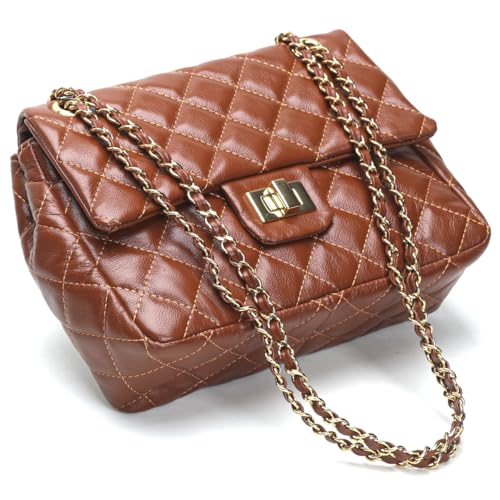 Bolsa Feminina Couro Legitimo Matelassê Média (Marrom C/dourado)