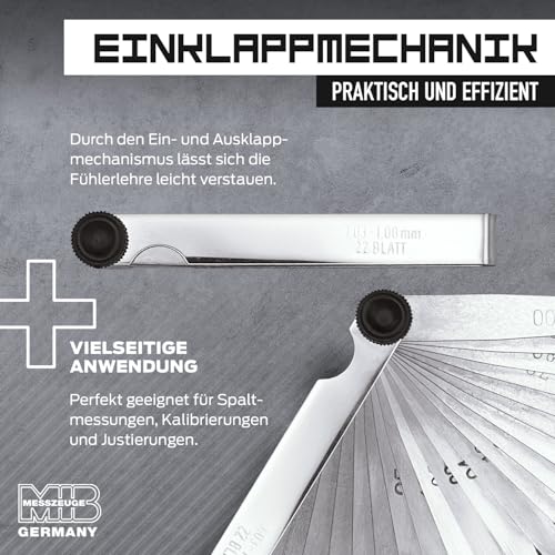 MIB Präzisions-Fühlerlehren 100 mm/32 Blatt | Werkzeug aus gehärtetem Federstahl | Fühlerlehre Ventilspiel | Spaltmaßlehre für KFZ, Maschinen- & Getriebebau | Dickenmesser | Toleranz gem. T3 DIN 2275