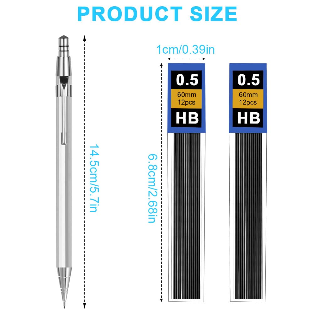 OFFCUP Set Matite Meccaniche 0.5mm Portamine in Metallo con 2 Tubo HB Mine per Disegno Scrittura Schizzi Argento