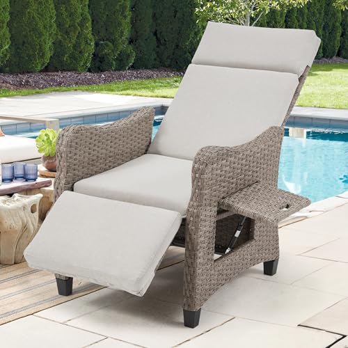 HOMREST Outdoor Recliner Chair with Flip-up Table Wicker Reclining Chair with 150Adjustable Backrest for Patio Rattan Armchair with Integrated Footstool & Removable Cushion for Gardens Light Gray