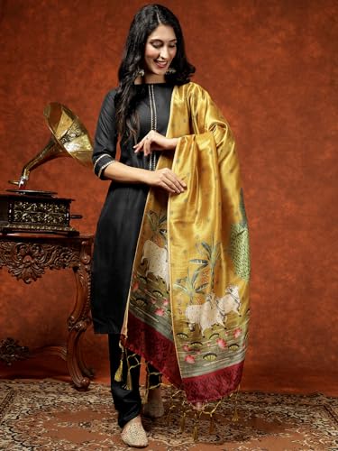 Image of EthnicJunction Women's Cotton Blend Kurta Pant Dupatta Set with Digital Print Dupatta | Karva Chauth Special Kurta