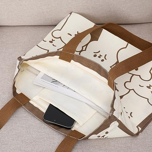 Firtink Tote Bag With Zip Canvas Reusable Shopping Tote Bag With Pocket Washable Foldable Cute Bear Design For Women Girls - Image 2