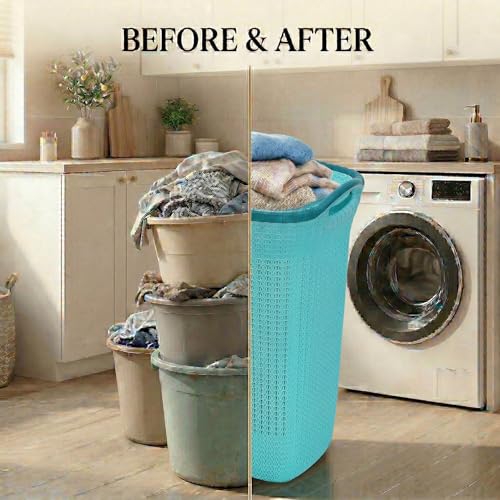 Image of Plastic Laundry Basket with Lid | 60L Extra Large Knit Hamper | Strong & Durable | Ideal for Bathroom, Bedroom & Kids Room | Multipurpose Cloth Storage Organiser | 36 x 46 x 61 cm | Marina Blue