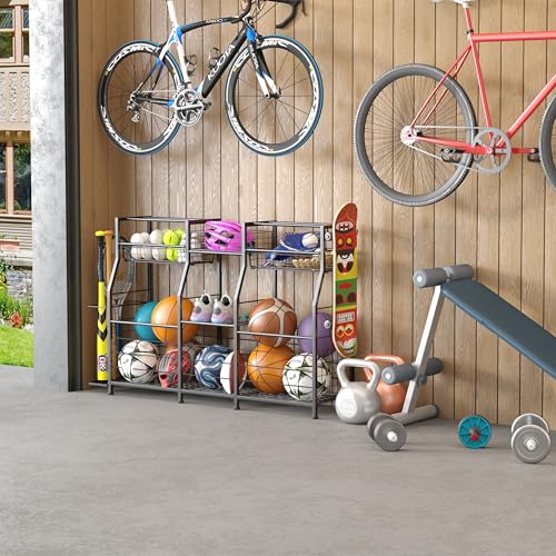 image for LUMAMU Small Garage Sports Equipment Organizer,Ball Storage Rack with 