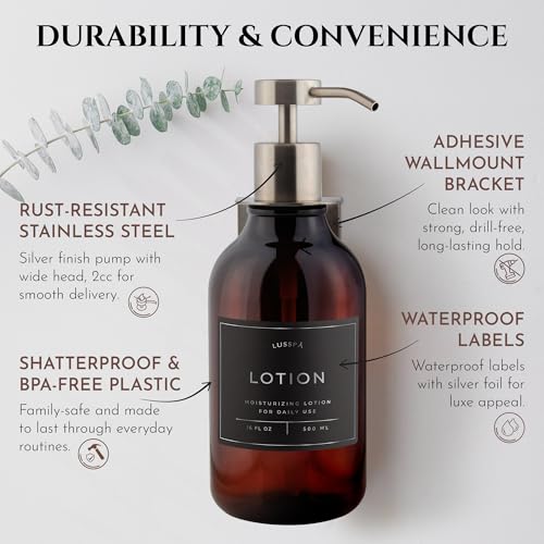 Shower Shampoo Dispenser Wall Mounted – Refillable 16.9 oz Amber Bottle with Stainless Steel Pump & No-Drill Adhesive Holder – Soap Dispenser for Bathroom (1 X Amber/Silver) - image 5