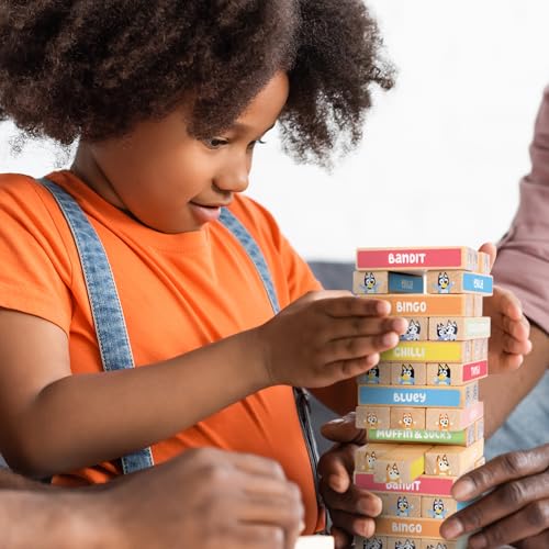 Image of Bluey Tumbling Tower Game, 54 Illustrated Wooden Blocks, Ages 3+