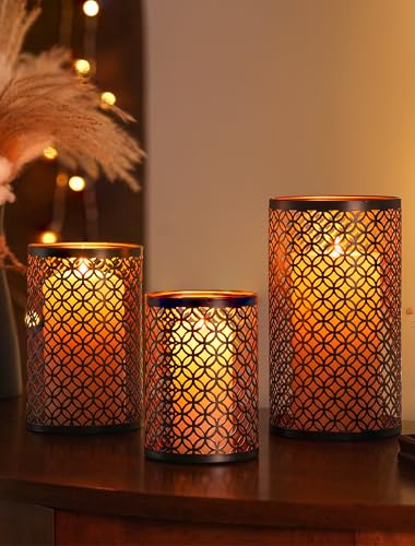 Romadedi Bougeoir Photophore Noir - Lot de 3 Lanterne Métal Porte Bougie Pilier Orientale Marocaine Design Decoration pour Maison Salle Interieur Deco...