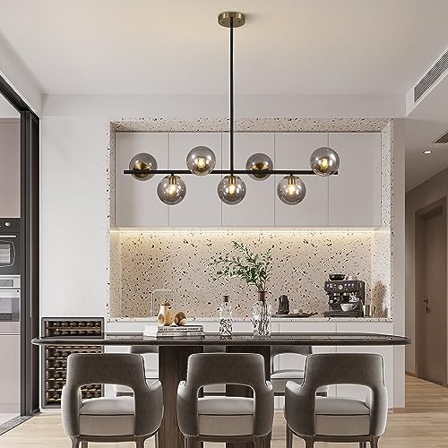 Image of KCO 7-Light Mid Century Modern Black Brass Gold Linear Sputnik Chandelier | E26 Bulb Included, 5.9 inch Canopy, Adjustable Height, 5.9 inch Smoke Glass Globe Pendant Light for Sloped Ceiling Dining Room Table
