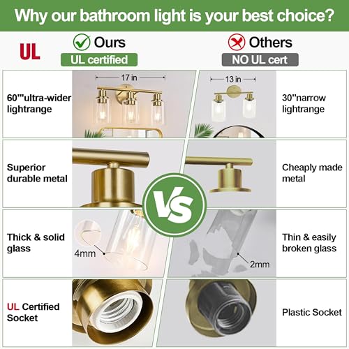 Image of 3-Light Gold Bathroom Light Fixtures, Modern Bathroom Vanity Light with Clear Glass Shade, Brushed Gold Bath Wall Mount Lights, Wall Lamp for Mirror Kitchen Bedroom Hallway Living Room Hallway