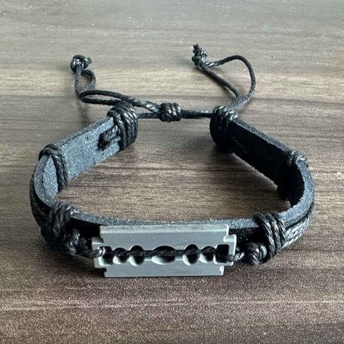 Punk Rock Razor Blade Bracelet Braided Wax Rope Pu Leather Arm Cuff Bracelet2