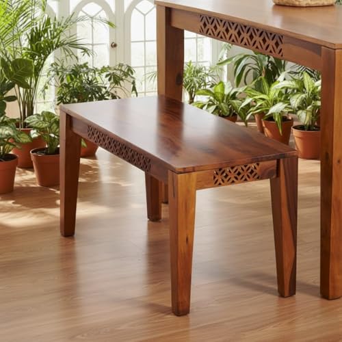 Image of Solid Sheesham Wood Non-Cushioned Living Room Benches, Wooden, Wooden Seating Bench for Home & Office l CNC Top Natural Teak |