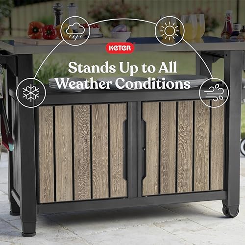 Image of Keter Unity XL Outdoor Entertainment Cart with Wood‑Look Finish, 78‑Gallon Patio Storage Cabinet, Food Prep Station, Stainless‑Steel Top for BBQ, Grill, Patio, Deck & Backyard, Ashwood