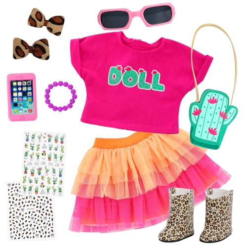 11Pcs American 18 Inch Doll Clothes Set- Mexican Style Accessories for 18 Inch Dolls-Complete Outfit with Leopard Boots,Cactus Bag(Doll not Included)